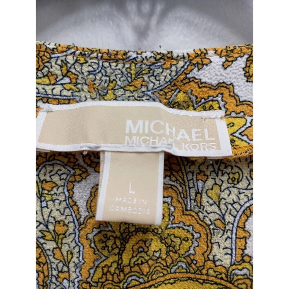 Michael Michael Kors Womens Blouse Top Large Yellow Paisley‎ Tie Sleeve BOHO